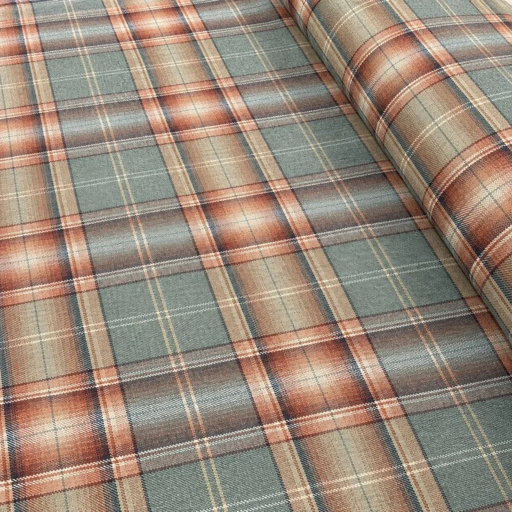 Plaid Tartan Woven Decorator Fabric Sage Blue Rust Tan Cream PER YARD